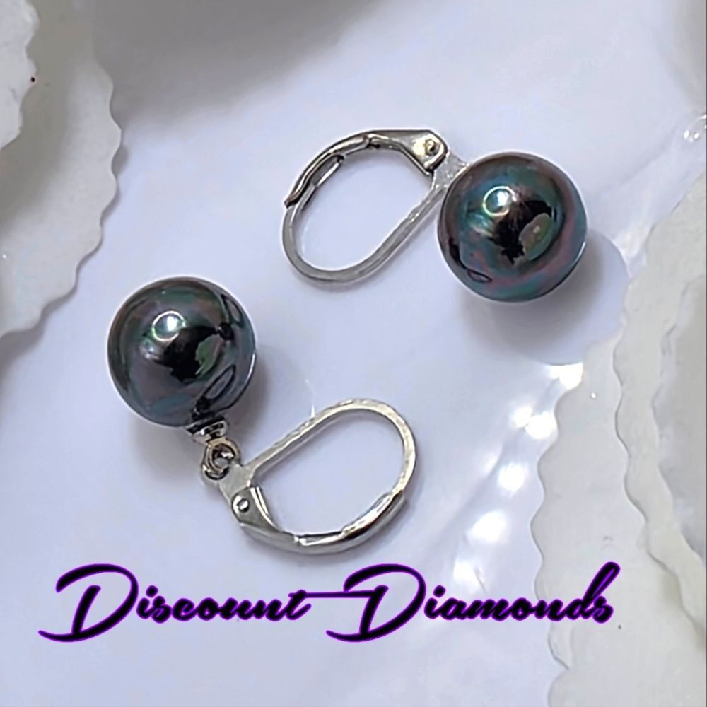 10mm Black South Sea Shell Pearl Leverback Earrings 925 Silver